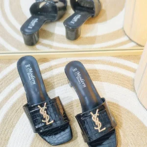 Luxe Croc-Embossed Black Monogram Block Heel